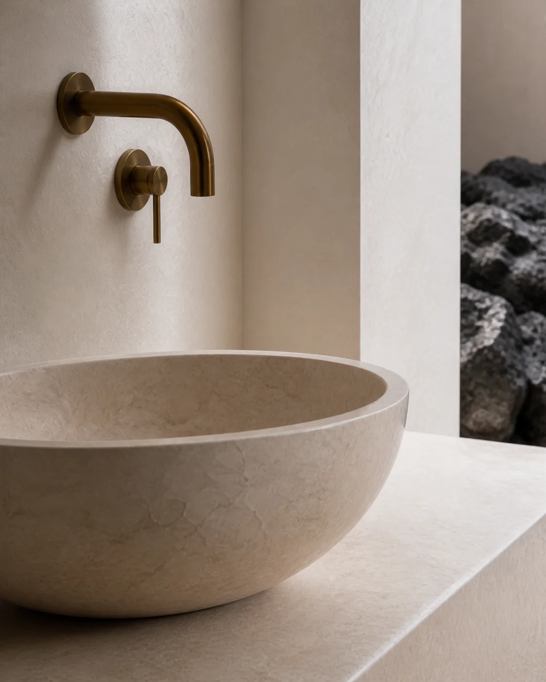 Close bathroom detail of aged brass wall fitting stone basin and chalky plaster arch in the quiet Milos house material palette part of an editorial architecture walkthrough of a...