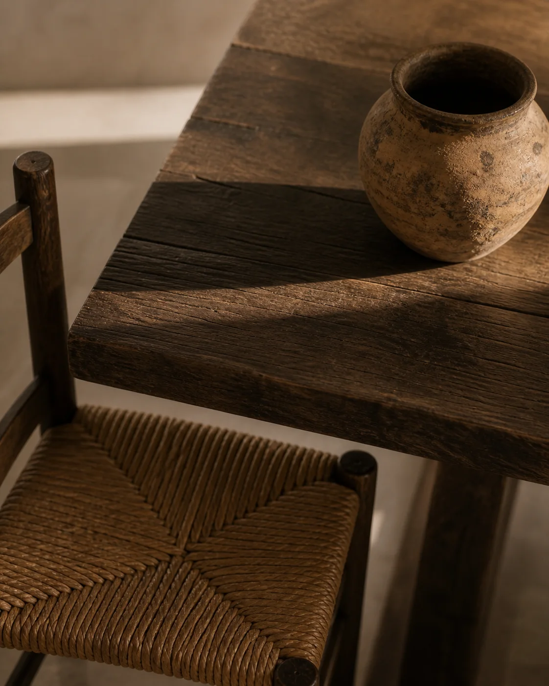 Close dining detail with warm timber handmade terracotta woven texture and soft shadow on a table in the Milos house part of an editorial architecture walkthrough of a fictional...