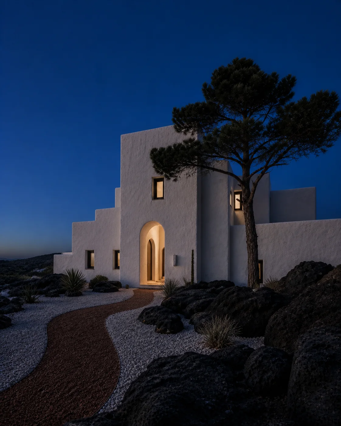 Milos house at dusk with chalk white plaster volcanic ground deep cobalt sky dark openings and one restrained warm interior glow part of an editorial architecture walkthrough of a.