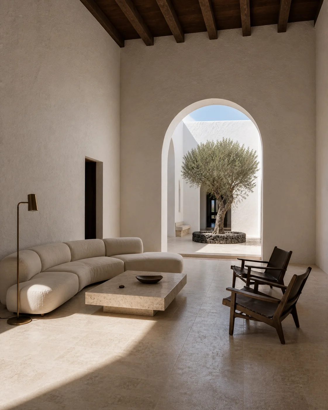 Milos living room with low natural linen seating honed limestone floor smoked oak joinery and a long opening toward the volcanic island landscape part of an editorial architecture.