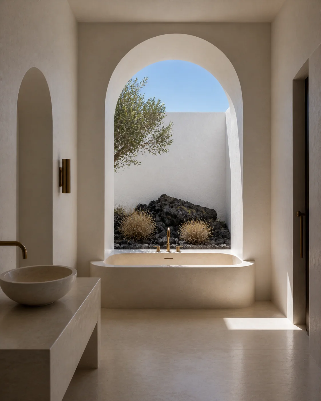 Tactile Milos bathroom with carved stone basin aged brass fittings lime plaster arch pale limestone and controlled natural daylight part of an editorial architecture walkthrough of