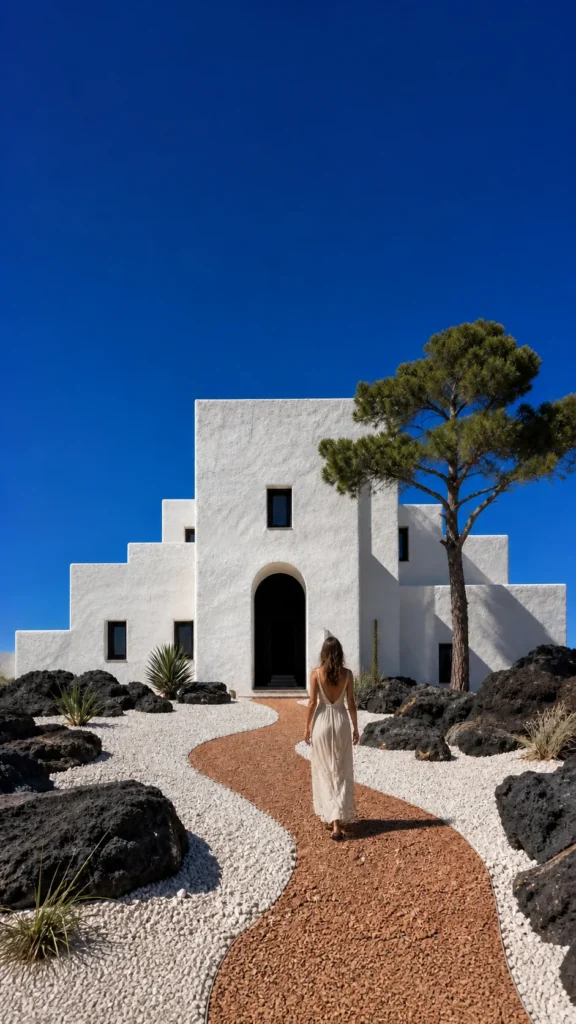 Woman in a cream linen dress walking along a rust coloured path toward a chalk white Milos house between volcanic rocks under a deep cobalt Mediterranean sky part of an editorial..
