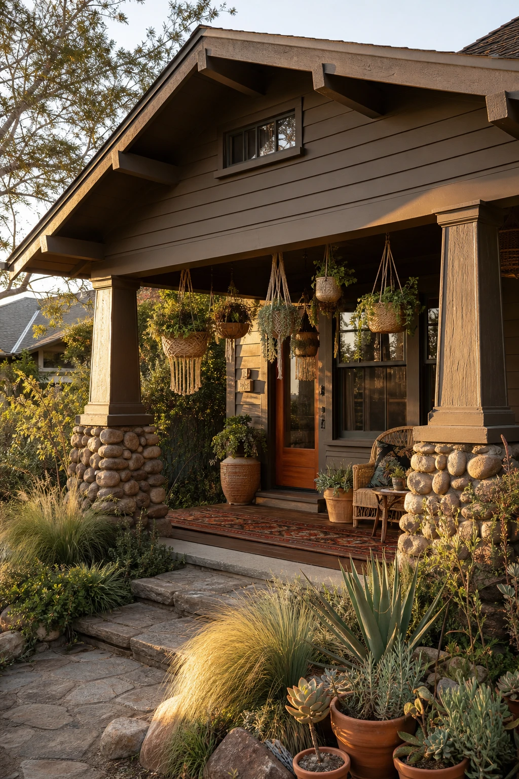 A 1920s Craftsman bungalow exterior with tapered porch columns, exposed rafter tails, Farrow and Ball Drab painted siding, woven hanging planters and layered botanical landscaping