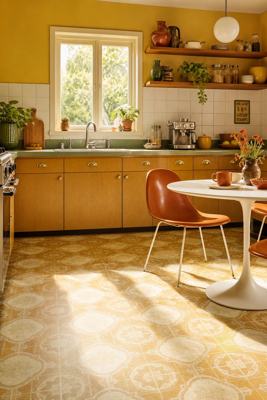 A 70s kitchen with retro vinyl sheet flooring in bold geometric print, harvest gold cabinets, and Farrow & Ball India Yellow walls bathed in warm morning light.