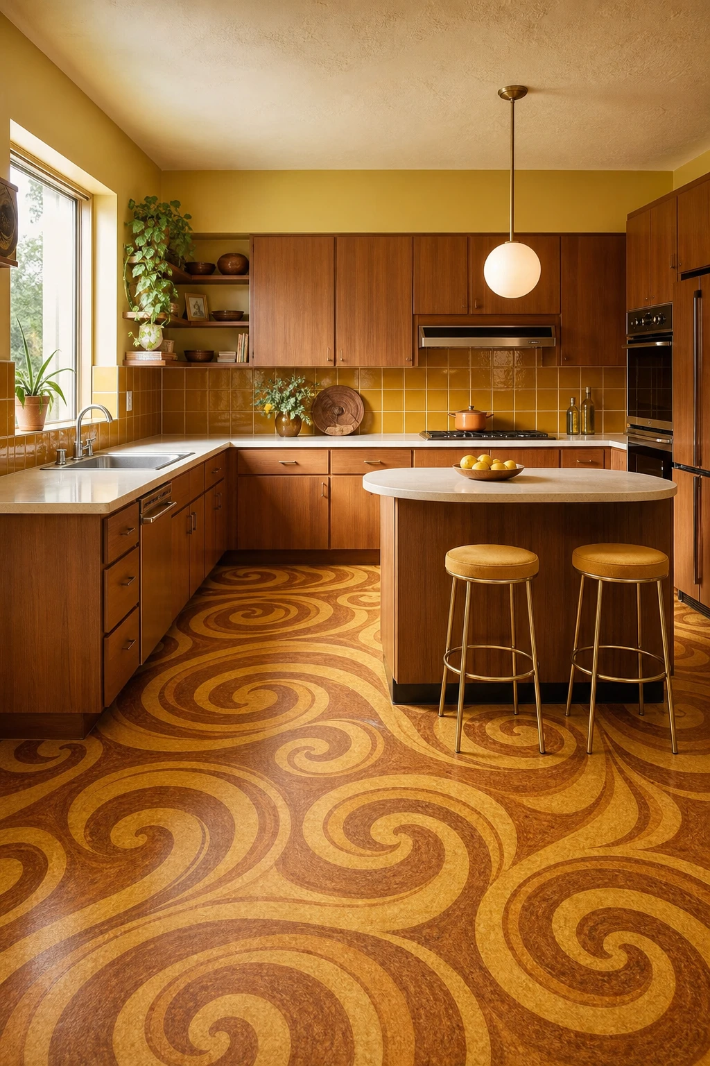 A 70s kitchen with swirling linoleum flooring as the hero, paired with Sudbury Yellow walls, wood veneer cabinets, and retro pendant lighting