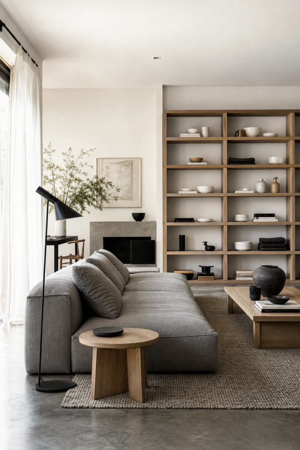 A balanced living room showing black white gray and natural wood tones layered together with cool white walls and warm timber accents in soft daylight