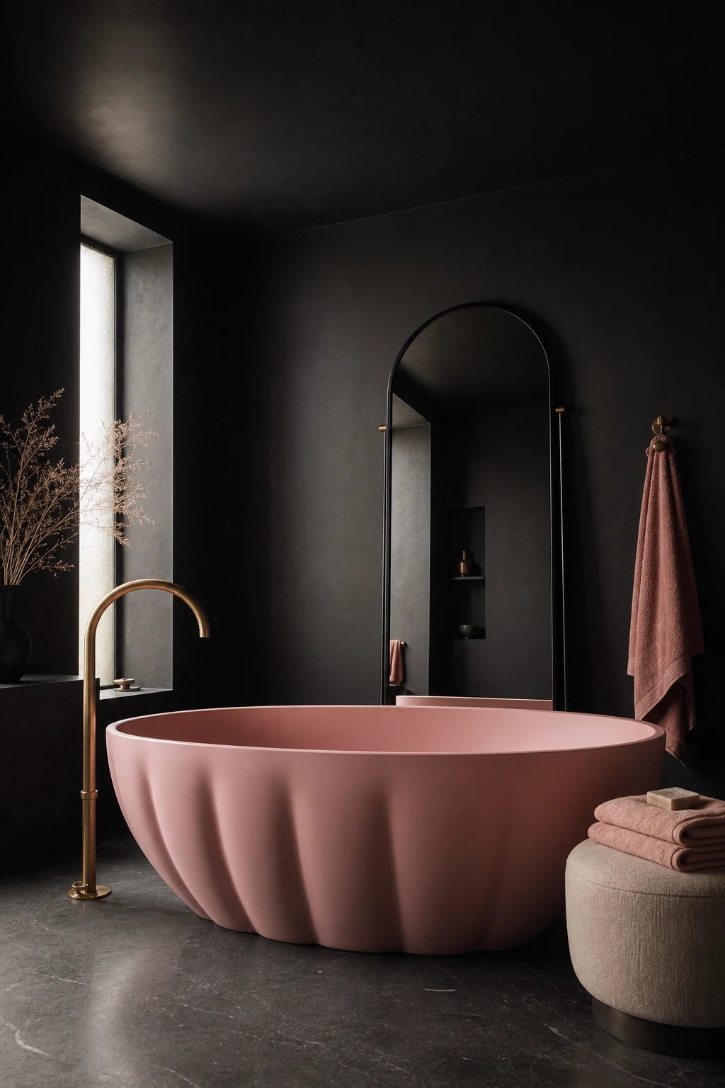 A black and pink bathroom with a freestanding pink bathtub as the centrepiece, black walls painted Farrow and Ball Grate Black, and brass fixtures