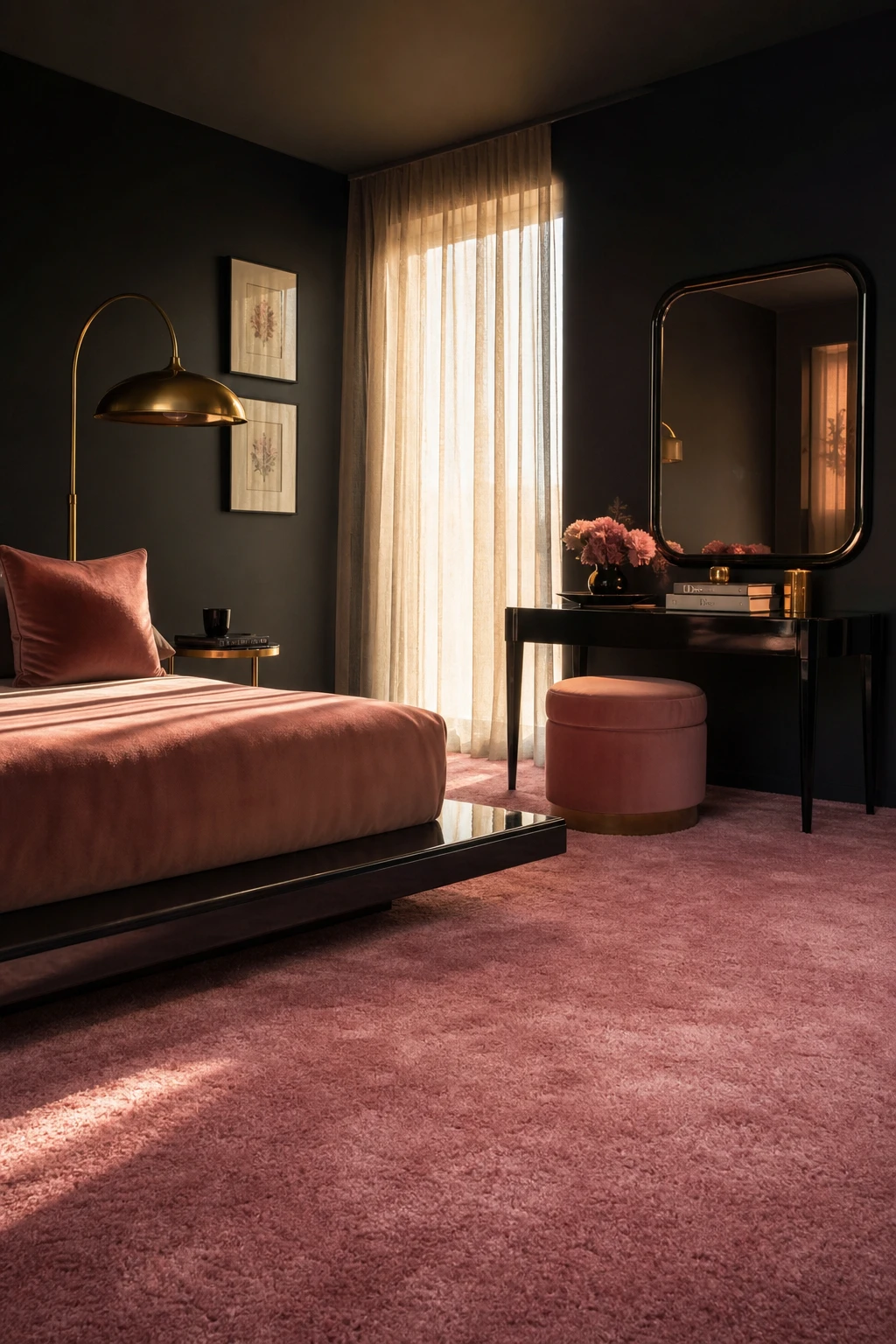 A black and pink interior design room where a plush pink carpet anchors the space, paired with black walls painted in Farrow and Ball Bible Black