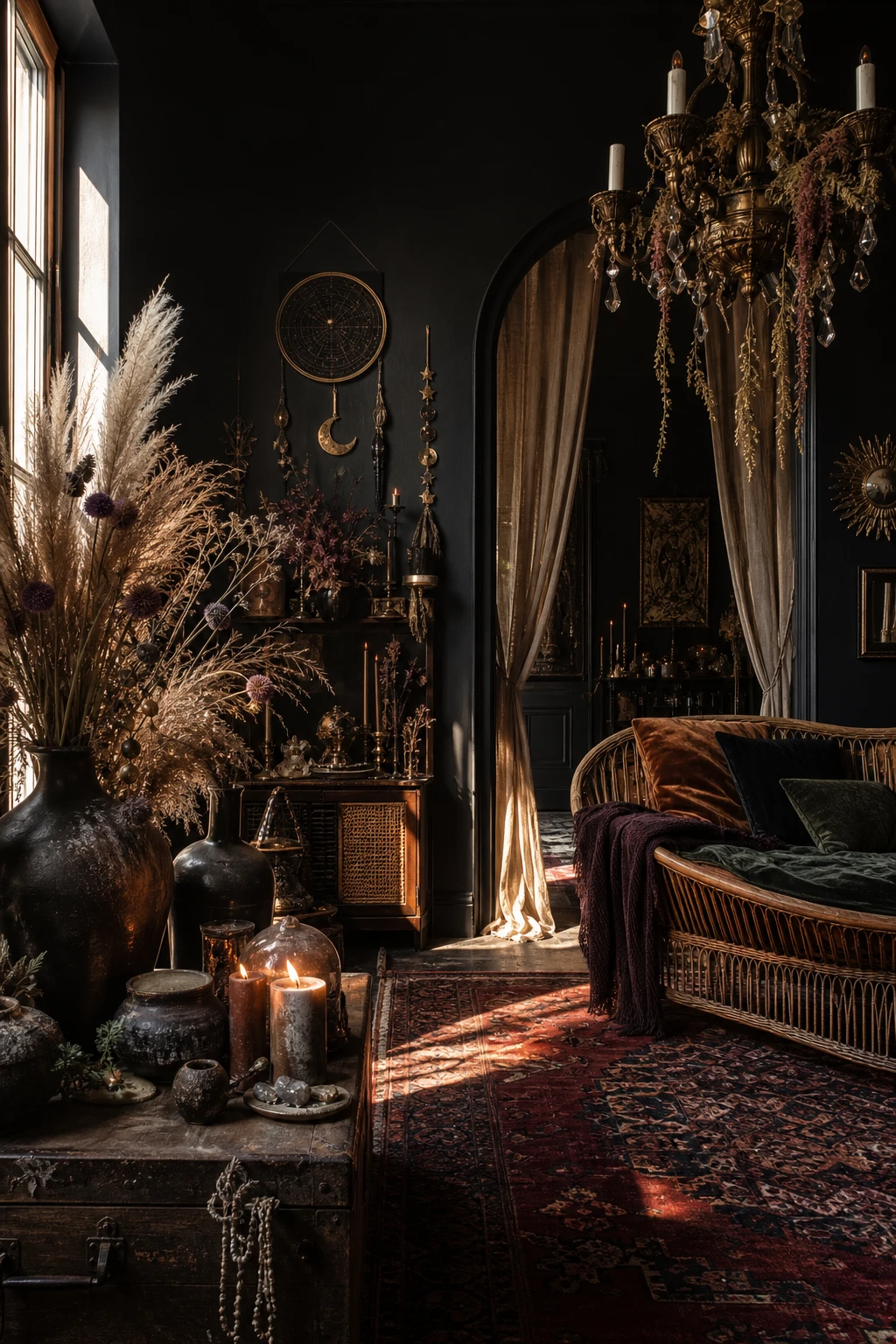 A black boho living room with whimsigoth styling, featuring celestial decor, layered textiles, dried botanicals, and Farrow and Ball Liquorice painted walls