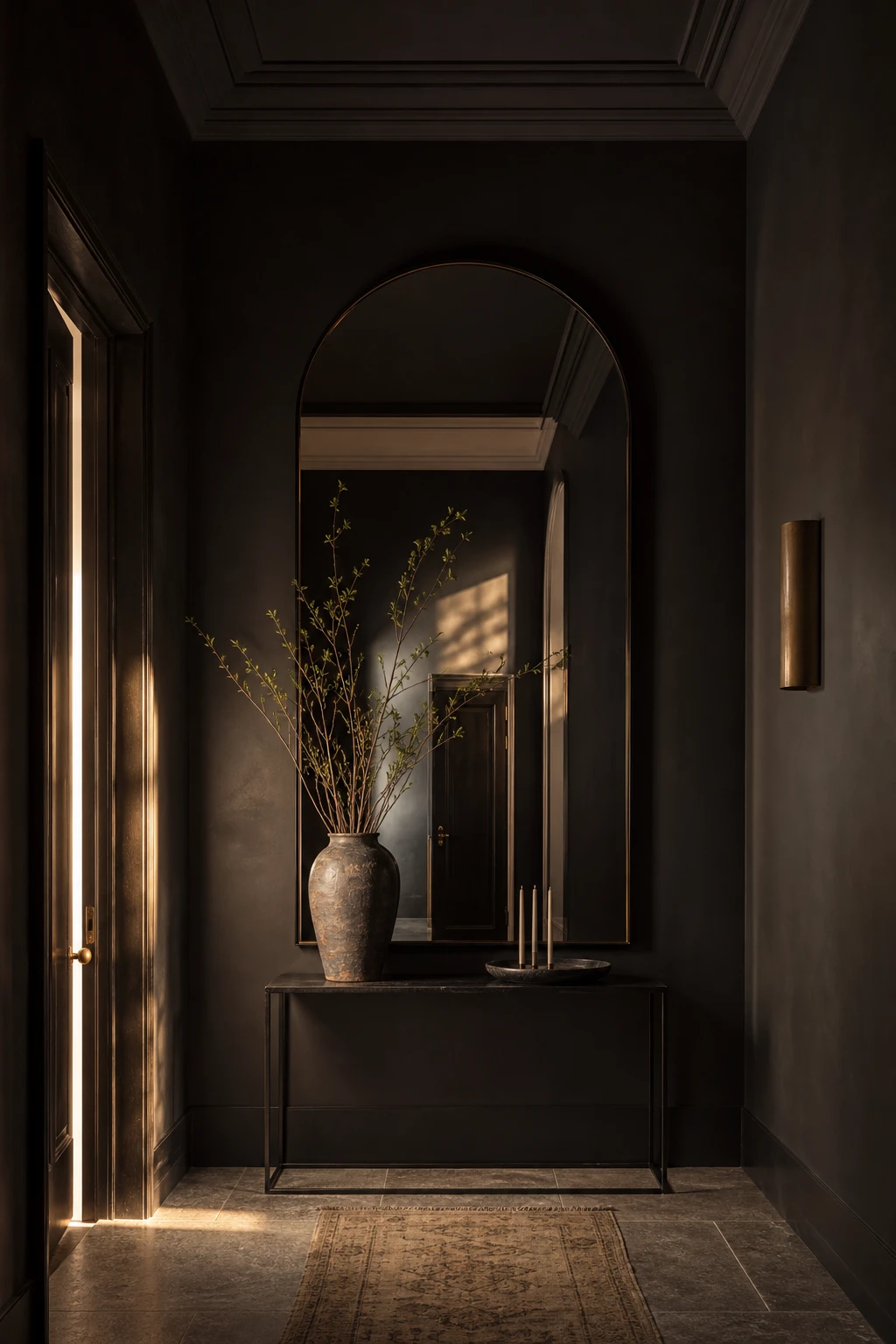 A black hallway painted Farrow and Ball Liquorice with a tall arch mirror as the hero, reflecting candlelight and a console table with sculptural objects