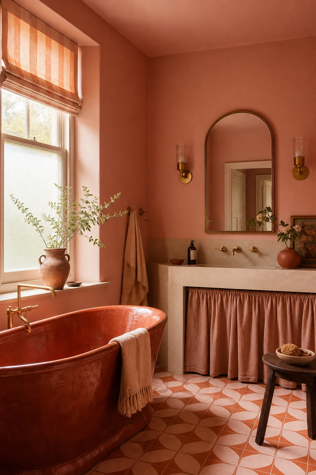 A bold dusty pink bathroom with pink and orange tones, terracotta accents, warm brass fixtures, and Farrow and Ball Potted Shrimp painted walls