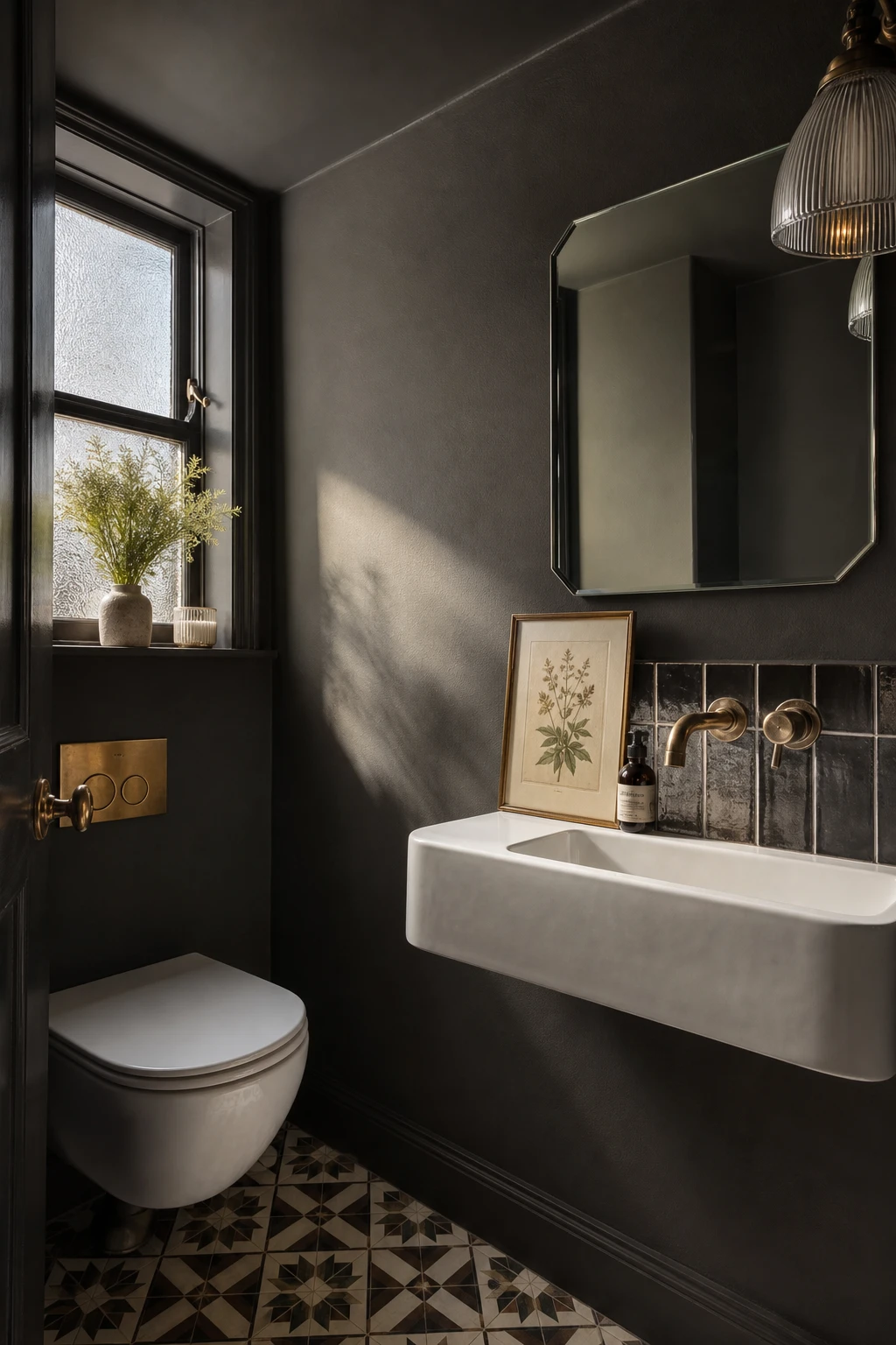 A bold Modern English Country Bathroom downstairs loo with dark grey walls, a wall mounted basin, antique brass tap, framed botanical print and patterned tile floor