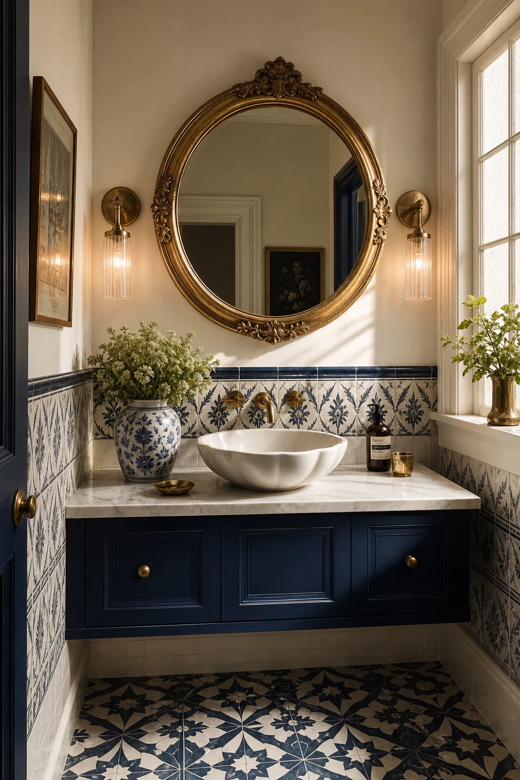 A bold navy and white powder room with Old White painted walls, a graphic tile floor, vessel sink, ornate mirror and wall sconce in a compact White style space