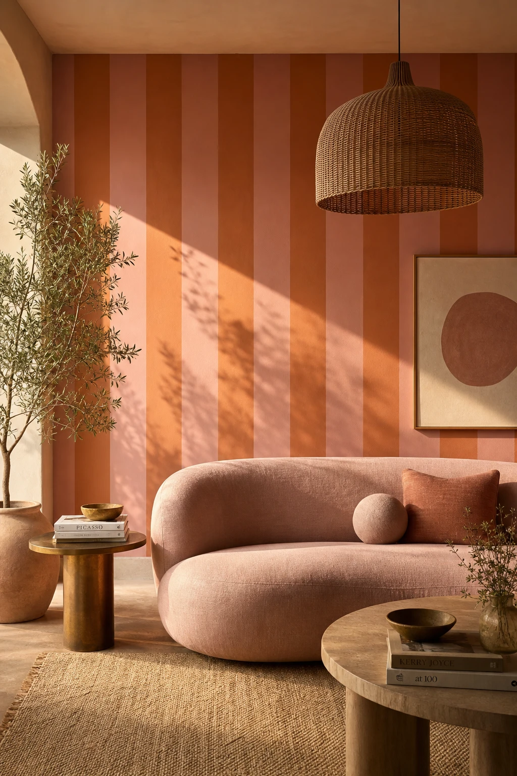 A bold yet harmonious room featuring pink and orange equal width stripes on the wall, with warm afternoon light and playful Pink interior styling