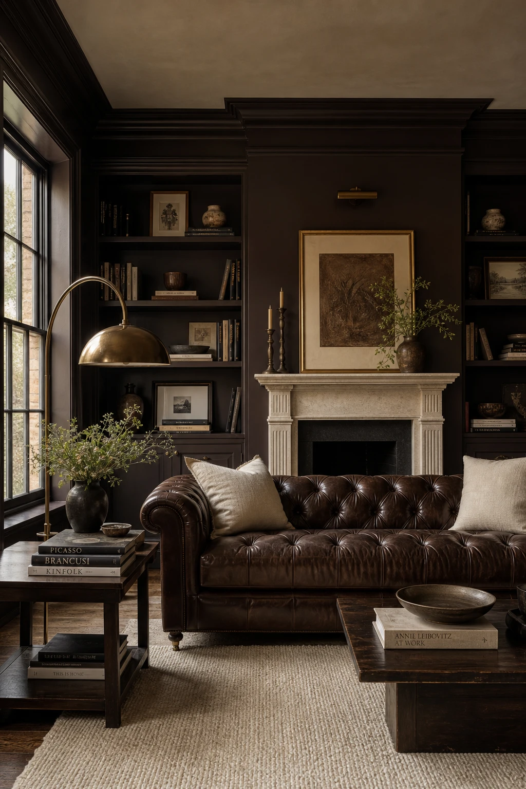 A brown and cream living room where deep chocolate tones dominate every surface, creating a rich, enveloping atmosphere of warmth and luxury