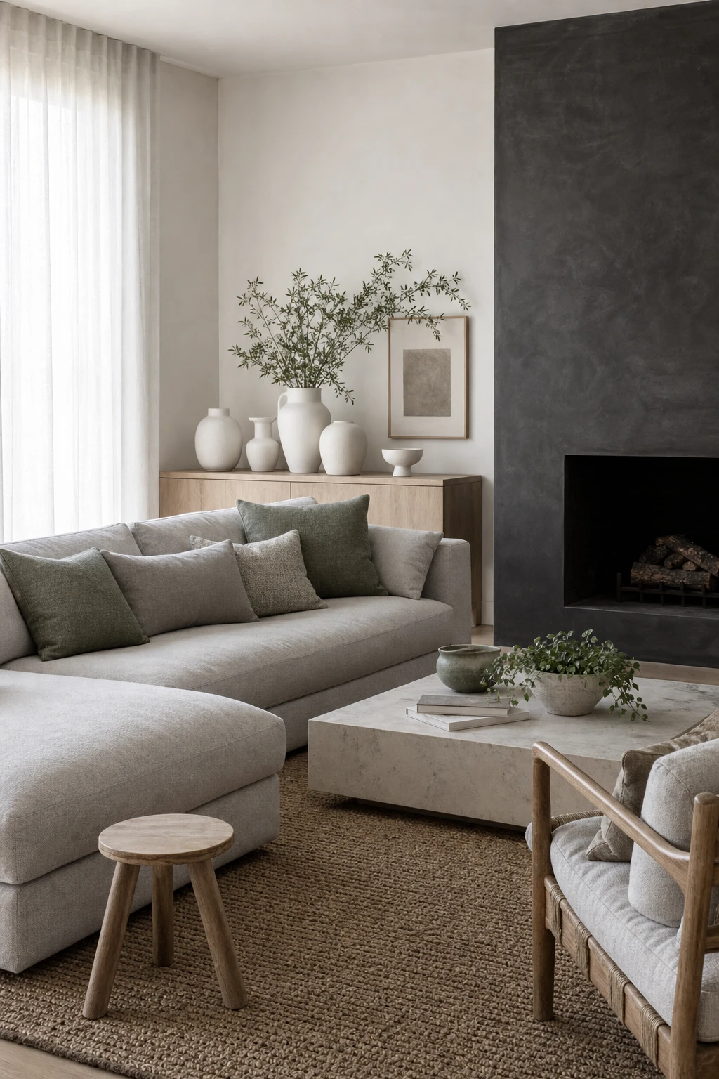 A calm sage green and white living room with a grey white trio palette featuring cool white walls, soft grey furnishings and sage green accents in natural light