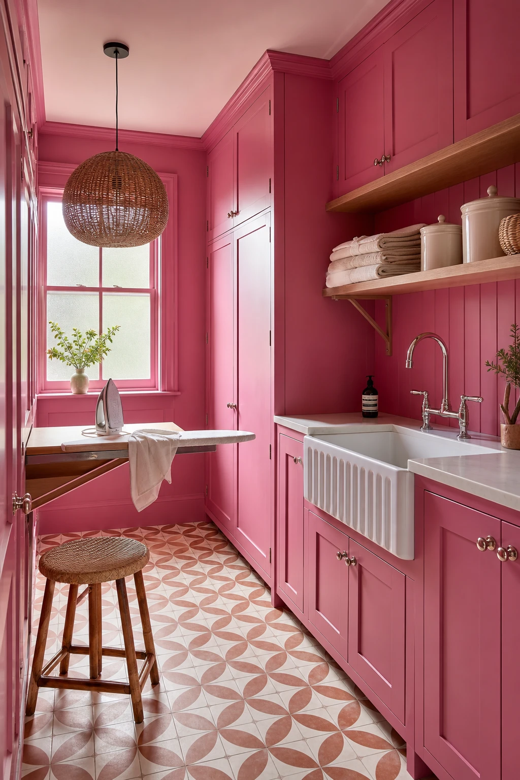 A cheerful hot pink utility room with bold cabinetry, open shelving, a butler sink and patterned floor tiles bathed in morning light