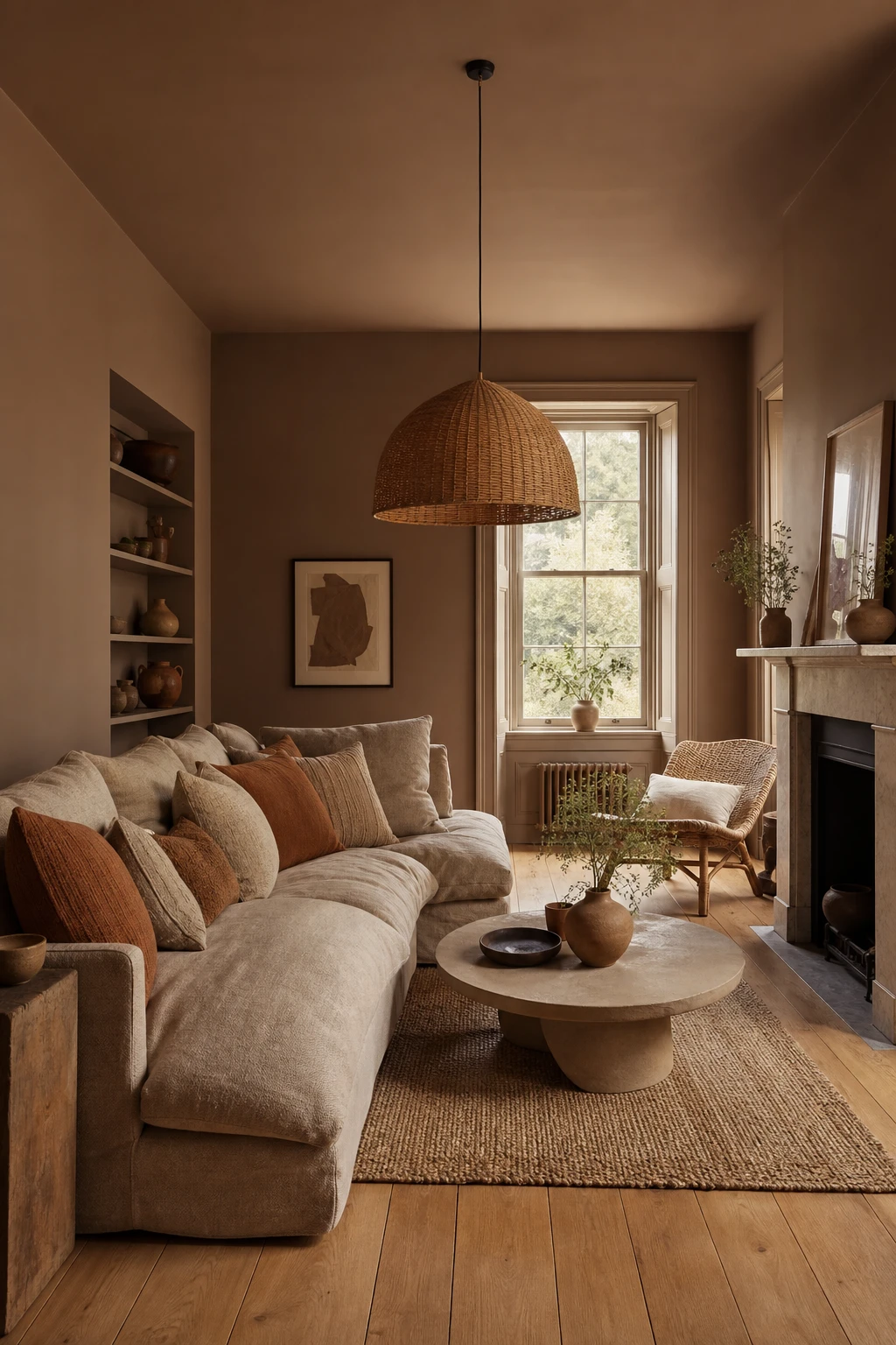 A cosy earthy neutral interior with warm brown walls, linen sofa, rattan pendant, oak floor and layered textured cushions in soft afternoon light