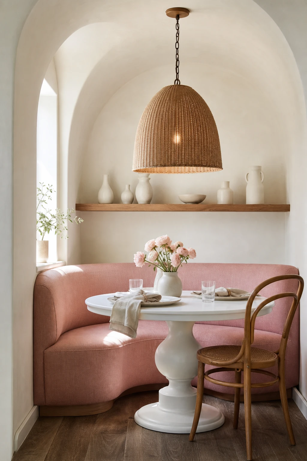 A cosy pink and white dining nook with built in banquette seating, a round pedestal table, and warm natural light glowing across warm white walls