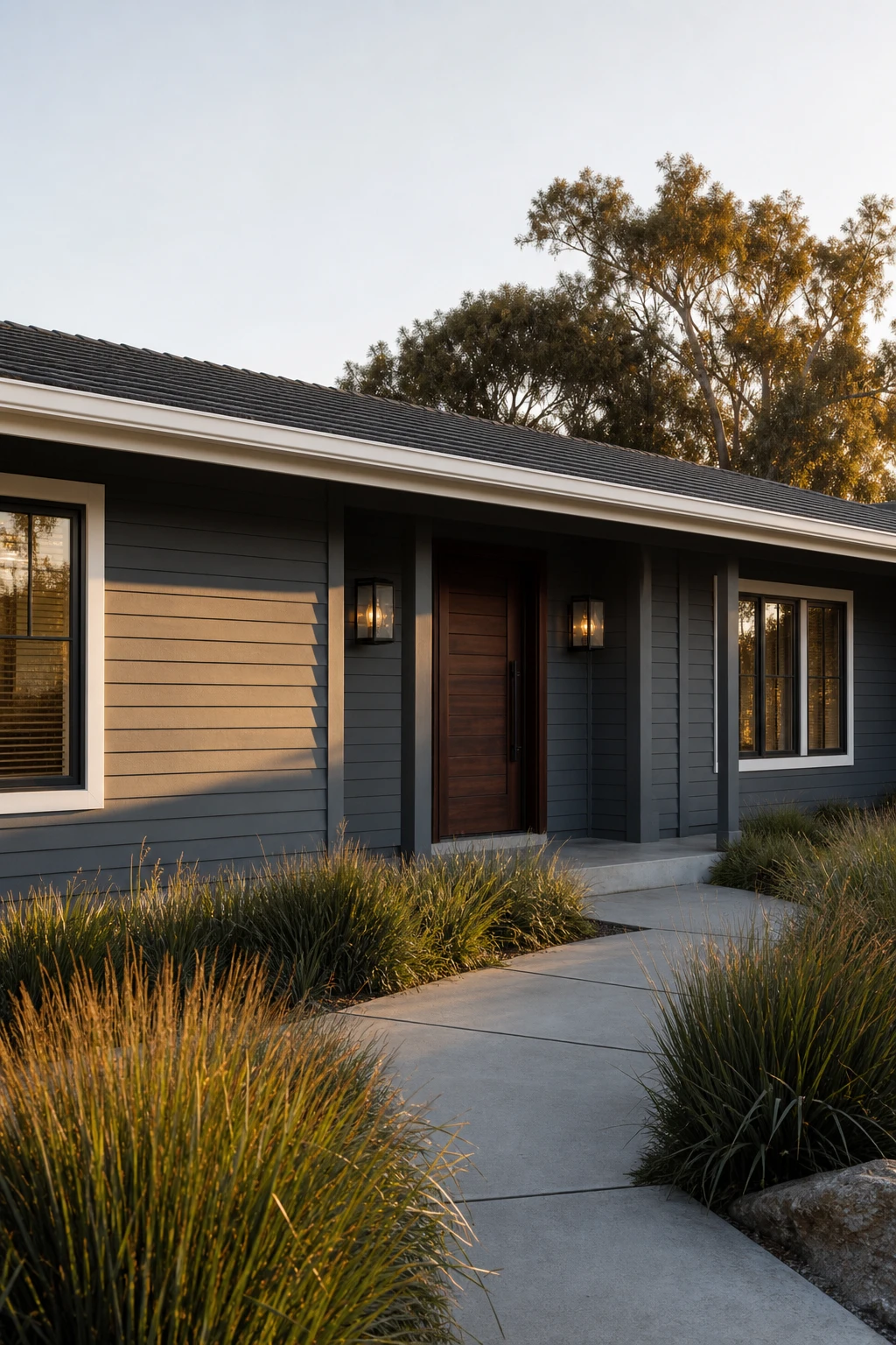 A dark charcoal ranch house exterior with Farrow and Ball Pigeon grey siding, white trim, wide eaves, horizontal board cladding and a concrete pathway in afternoon light