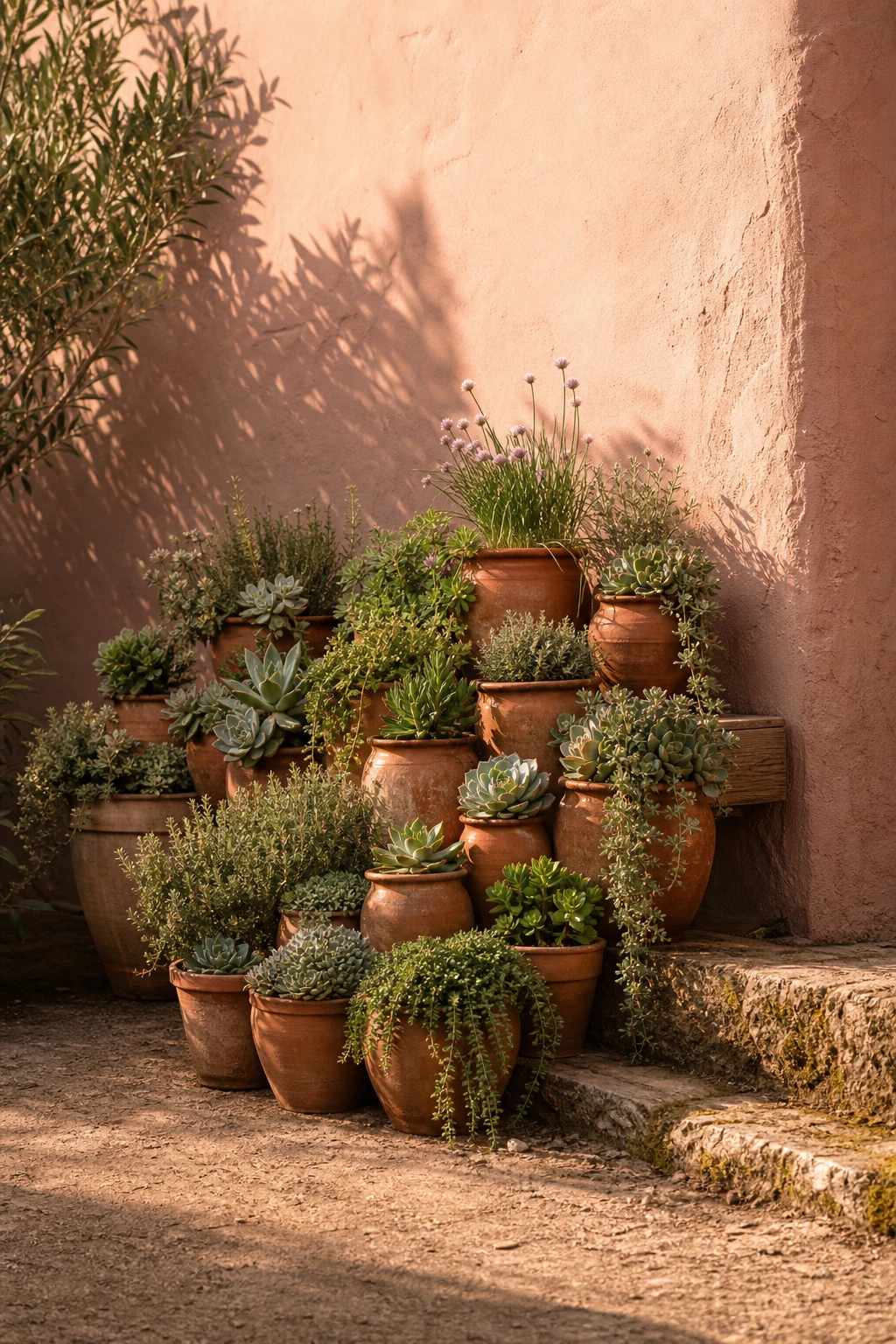 A dense cluster of small terracotta pots in a rustic garden corner, packed with trailing herbs and succulents, bathed in warm afternoon sidelight