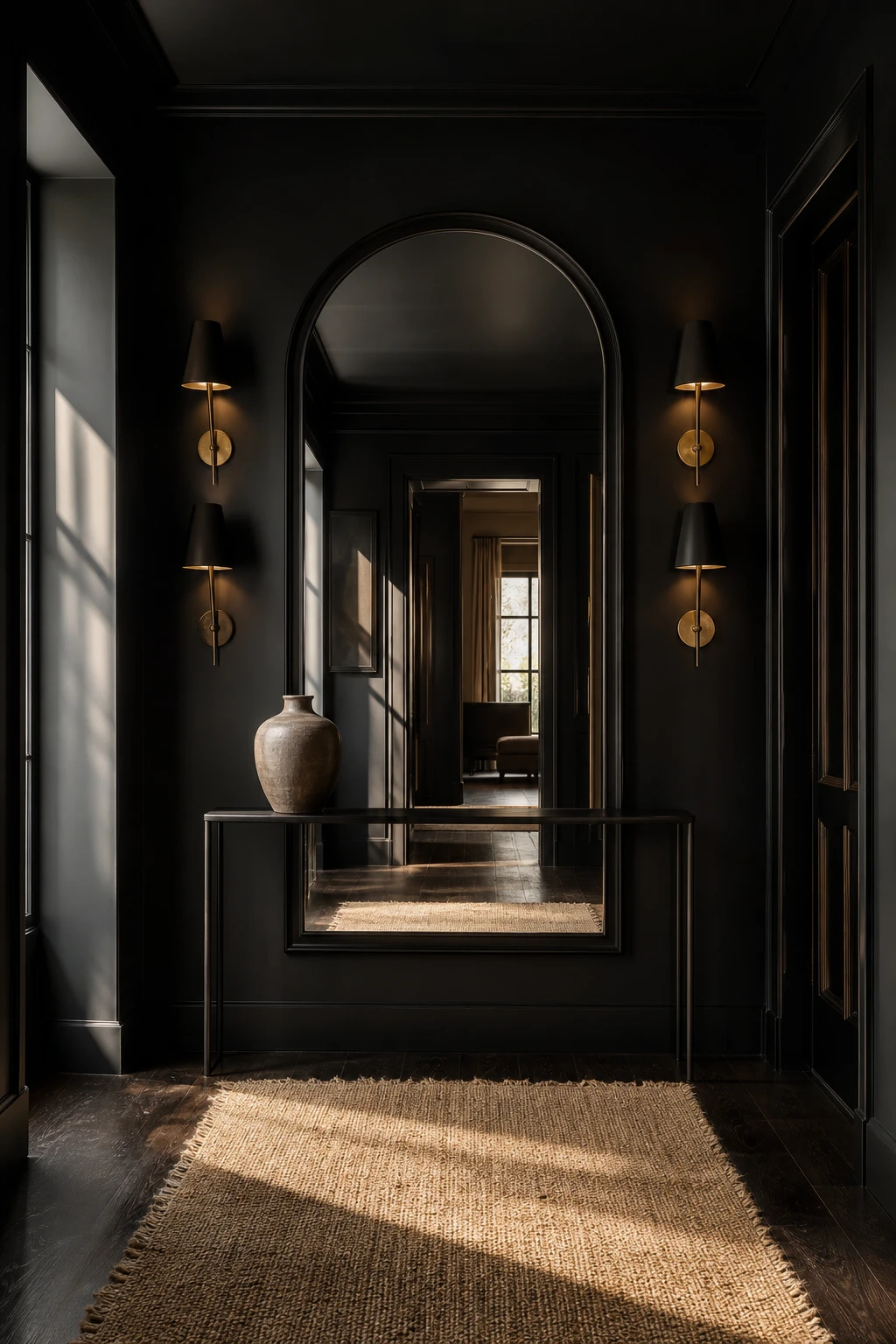 A dramatic black hallway with an oversized statement mirror as the focal point, reflecting candlelight and deep walls painted in Farrow & Ball Pitch Black.