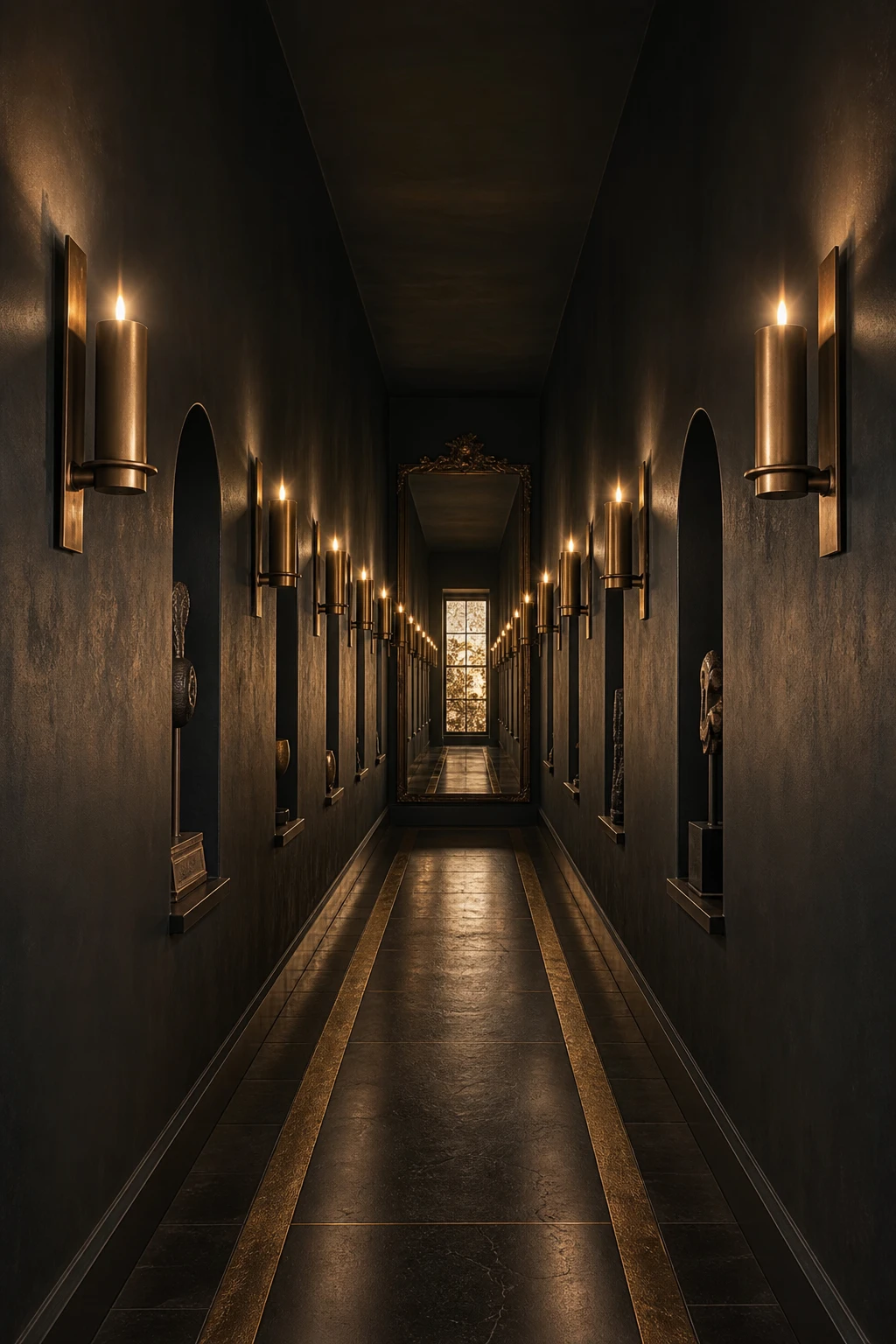 A dramatic black hallway with corridor drama as the hero, featuring repeated wall sconces, Bible Black painted walls, and a glossy floor receding into candlelit depth