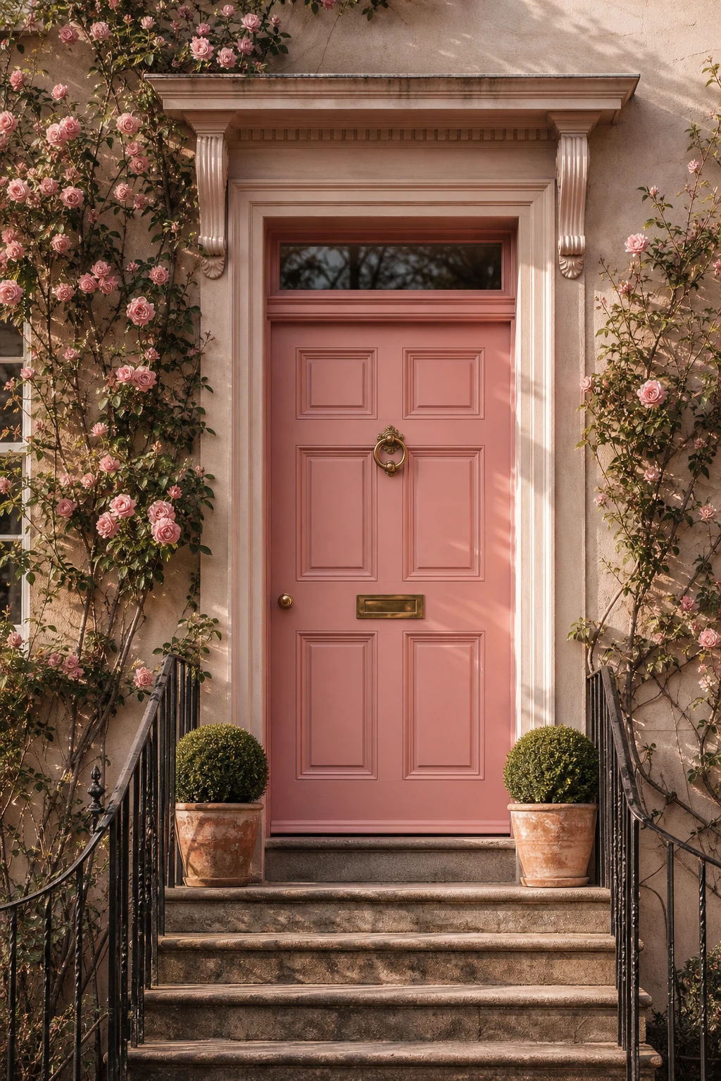 A dusty pink interior design exterior with a Farrow and Ball Templeton Pink front door framed by climbing plants, stone steps, and black iron hardware