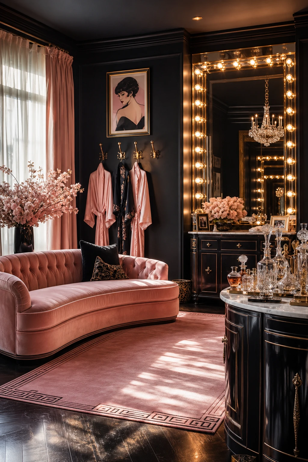 A glamorous black and pink interior with salon aesthetic hero featuring tufted seating, vanity mirror lighting, and Farrow and Ball Off Black walls