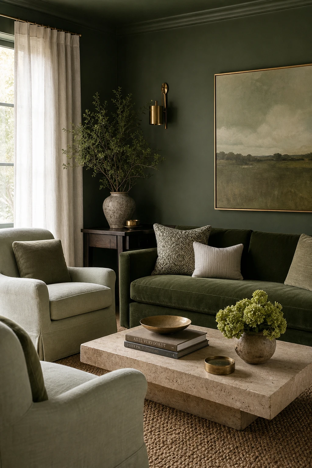 A gray and green living room where a green monochrome scheme layers sage, moss and deep forest tones across walls, upholstery and soft furnishings for rich tonal depth