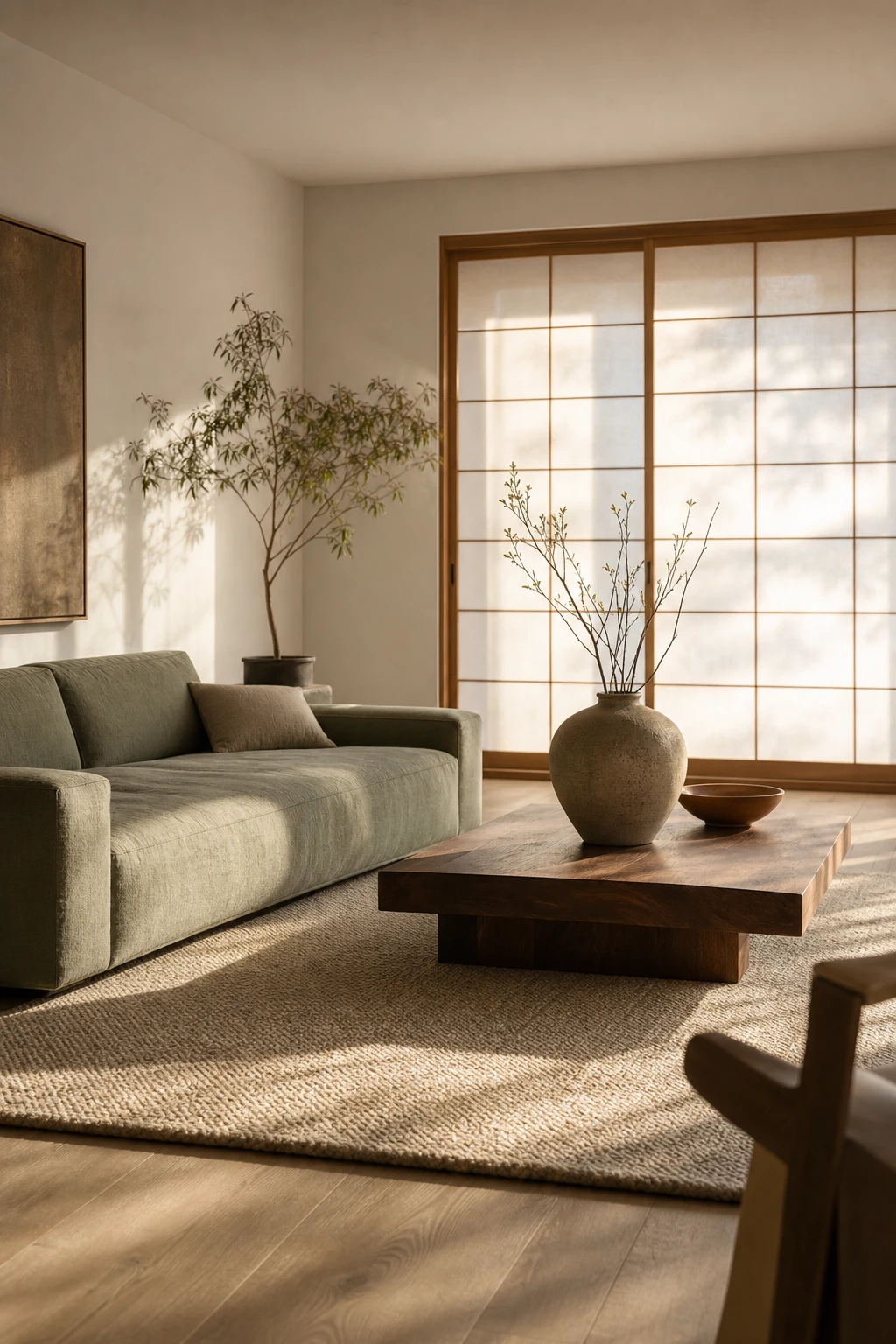 A Japandi living room with sage green and white tones, low furniture, natural textures, and warm afternoon light through shoji style screens