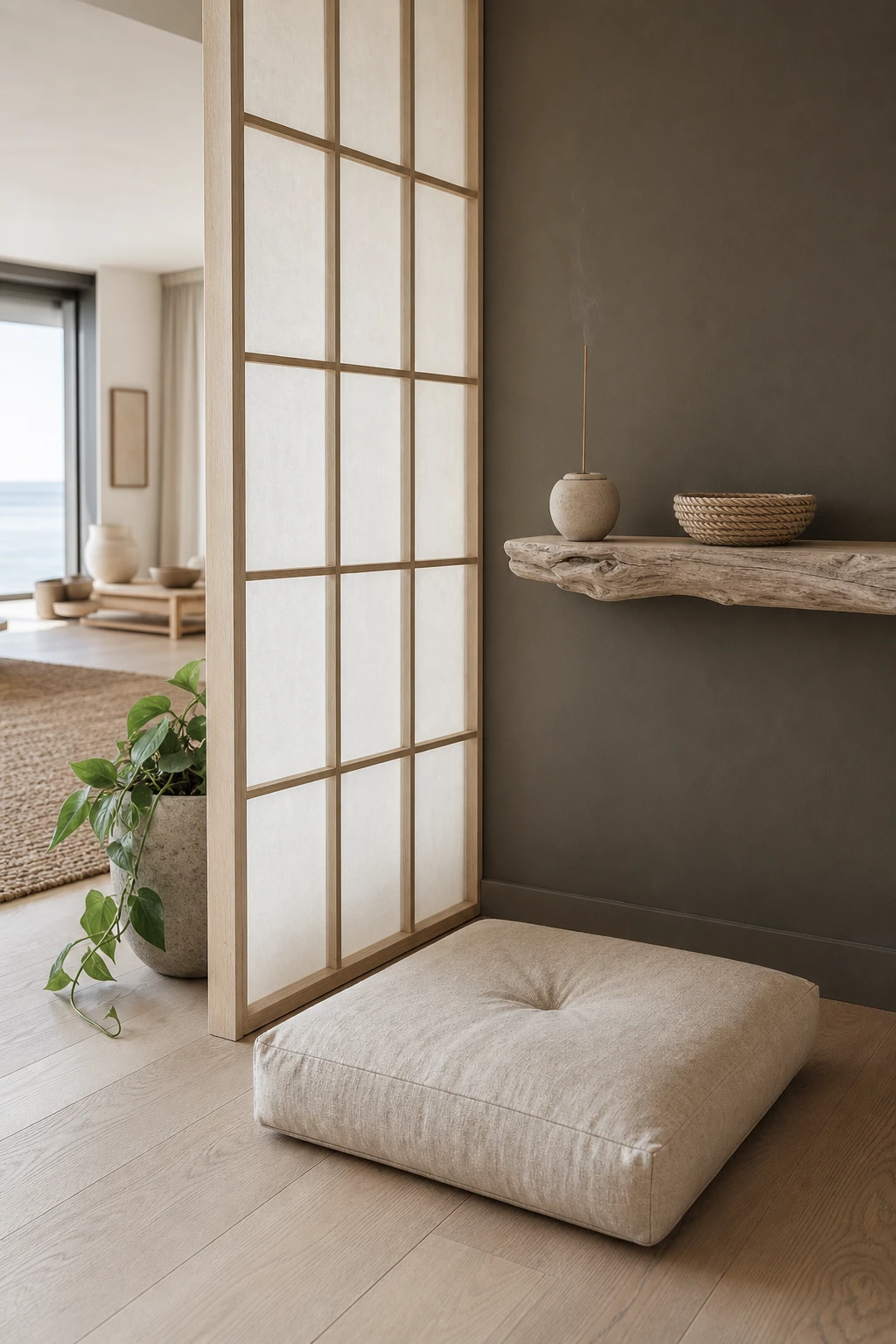 A Japanese coastal meditation corner with a low floor cushion, shoji screen, driftwood shelf and Moles Breath painted wall in a calm living room