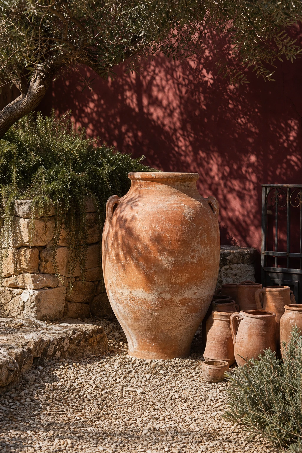 A large olive jar urn as sculptural focal point in a rustic terracotta garden, set against a Book Room Red painted wall with warm afternoon light