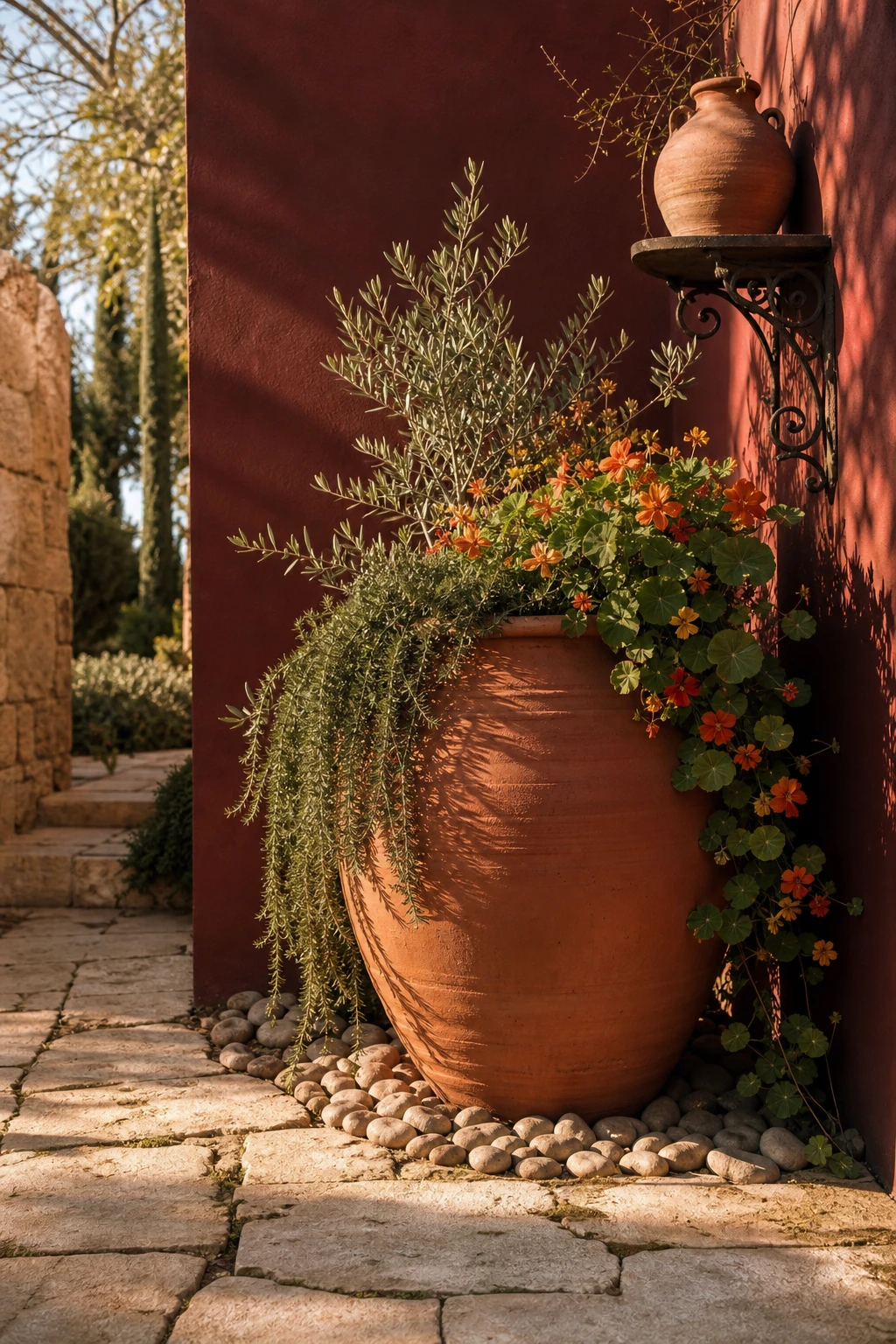 A large terracotta statement pot anchors a rustic garden corner with trailing plants, aged stone paving, and a wall painted in Farrow & Ball Book Room Red