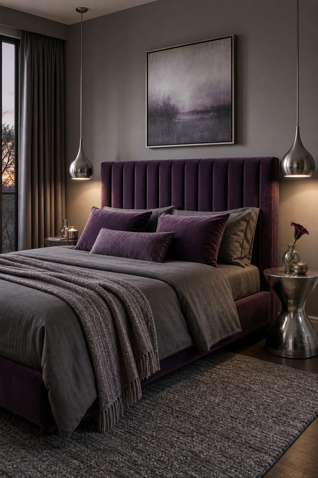 A luxe purple and gray bedroom with silver metallic accents, Farrow and Ball Pigeon walls, velvet bedding, and brushed silver lighting in soft evening light