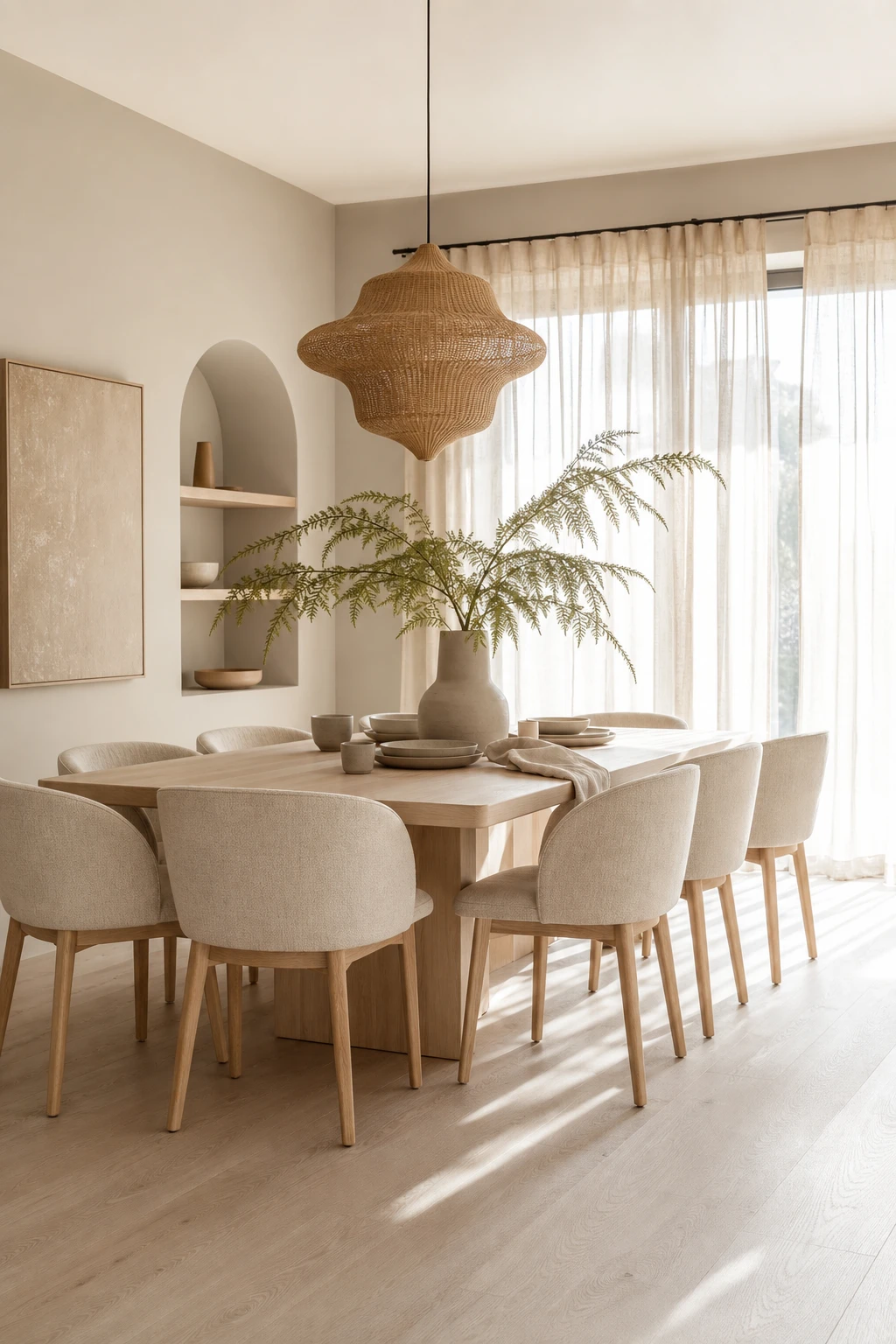 A modern neutral dining room with Scandi lightness featuring a pale wood table, linen chairs, and sheer curtains in warm morning light