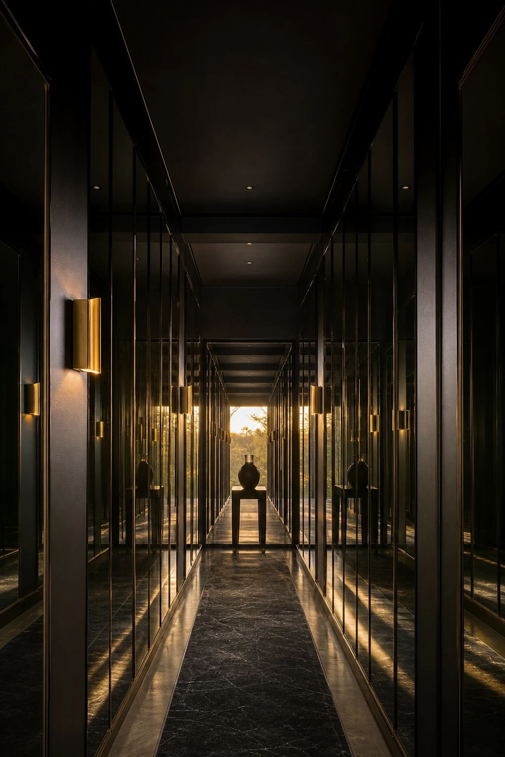 A narrow black hallway lined end to end with mirrors reflecting infinite depth, painted in Farrow and Ball Paean Black with dramatic directional light