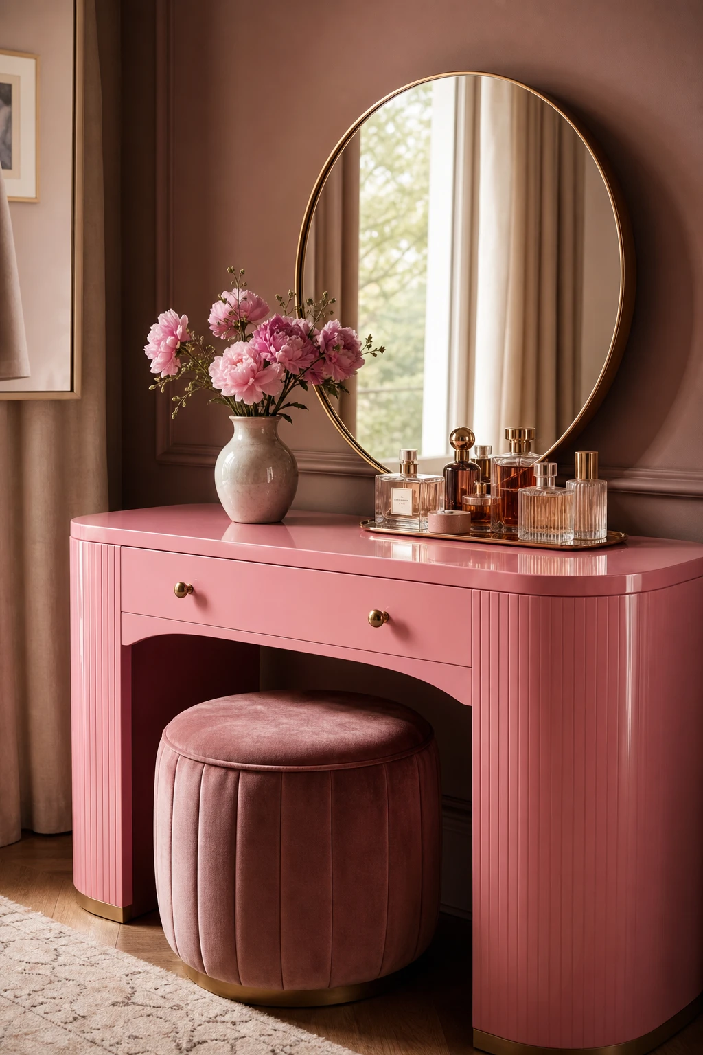 A pink dressing table with an upholstered stool in a hot pink interior, styled with a round mirror, floral arrangement, and perfume bottles in warm morning light