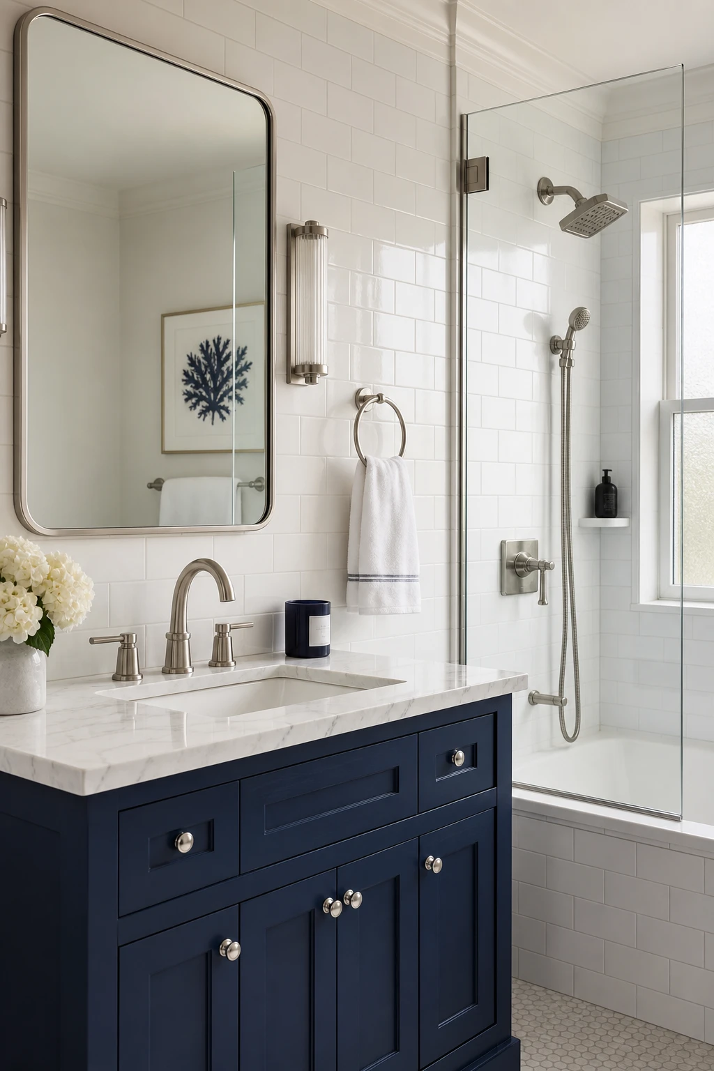 A polished navy and white bathroom with silver fixtures, white subway tiles, a navy vanity, and Farrow's White painted walls in warm white.