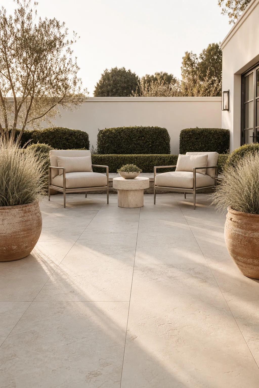 A refined neutral garden patio featuring limestone outdoor tiles as the hero surface, paired with linen furniture, stone planters, and Farrow and Ball Bone painted render walls