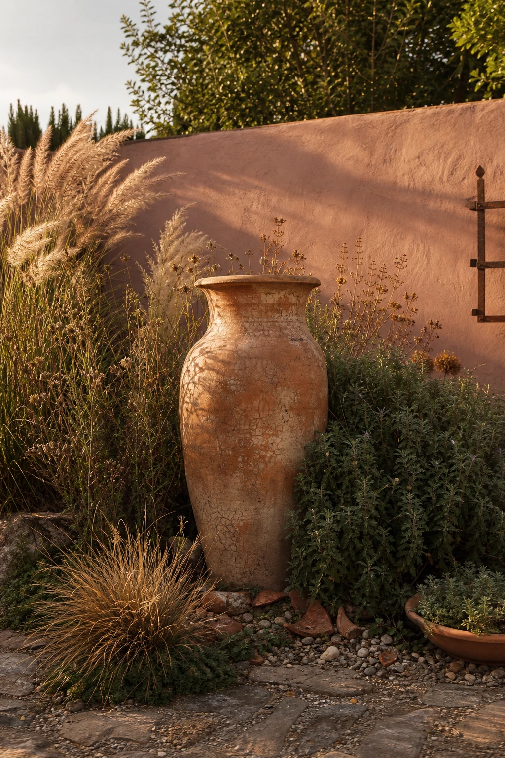 A rustic terracotta ceramic vase placed as sculpture in a garden border, surrounded by planting, with Farrow & Ball Duster paint on a low garden wall behind.