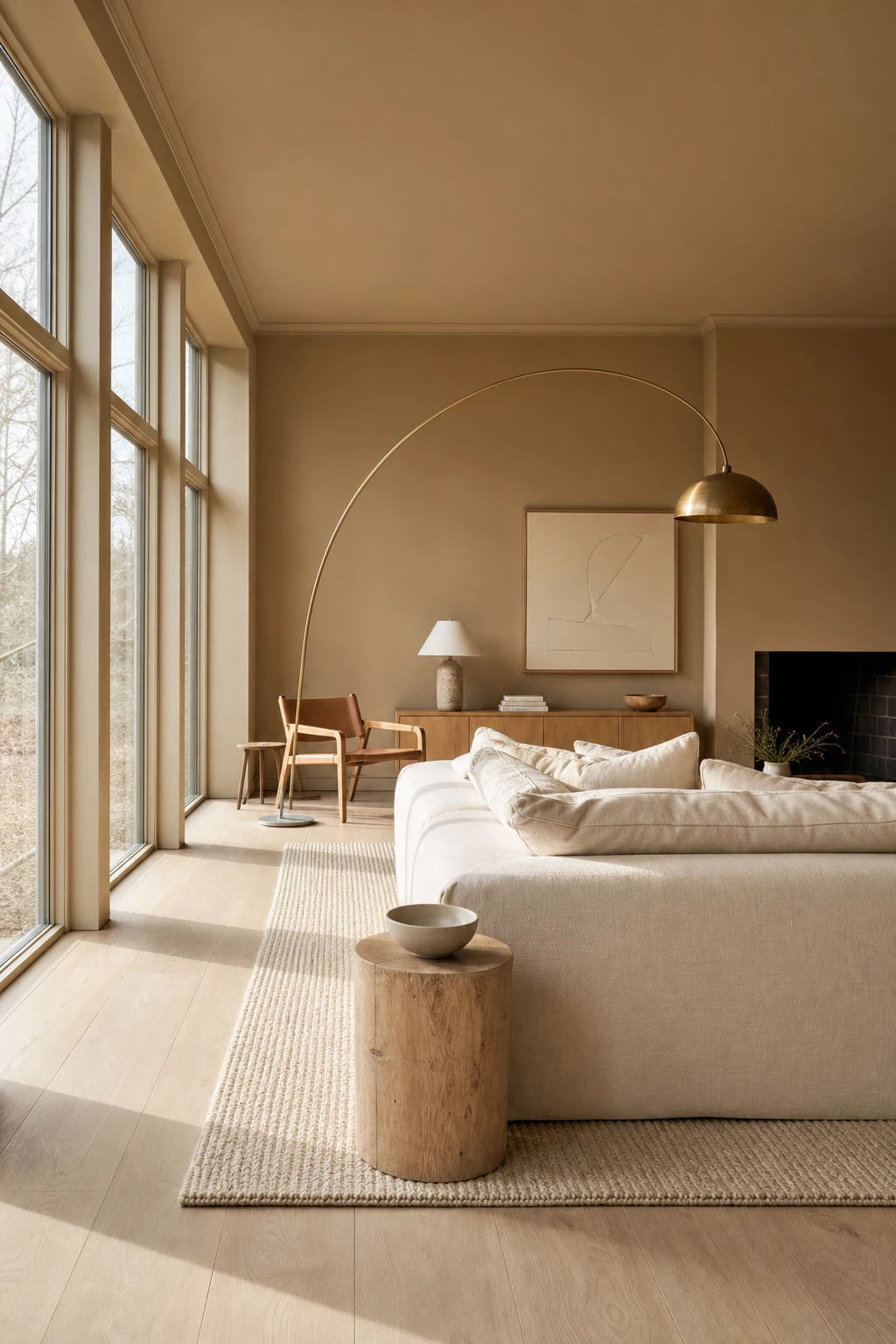 A Scandinavian brown and cream living room with Nordic light flooding through bare windows, sheer linen curtains, pale timber floors and Farrow and Ball Drab painted walls