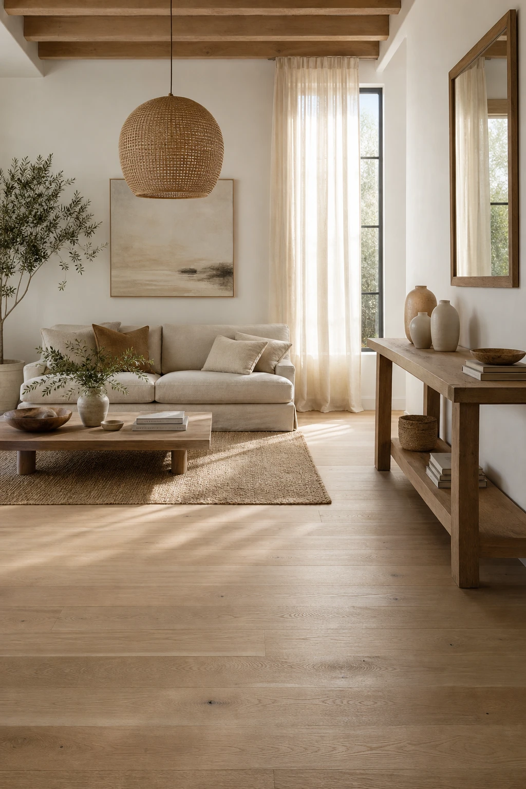 A serene white oak living room with light wood neutrals as the hero, layered soft neutral furnishings, warm afternoon light, and Farrow & Ball House White walls