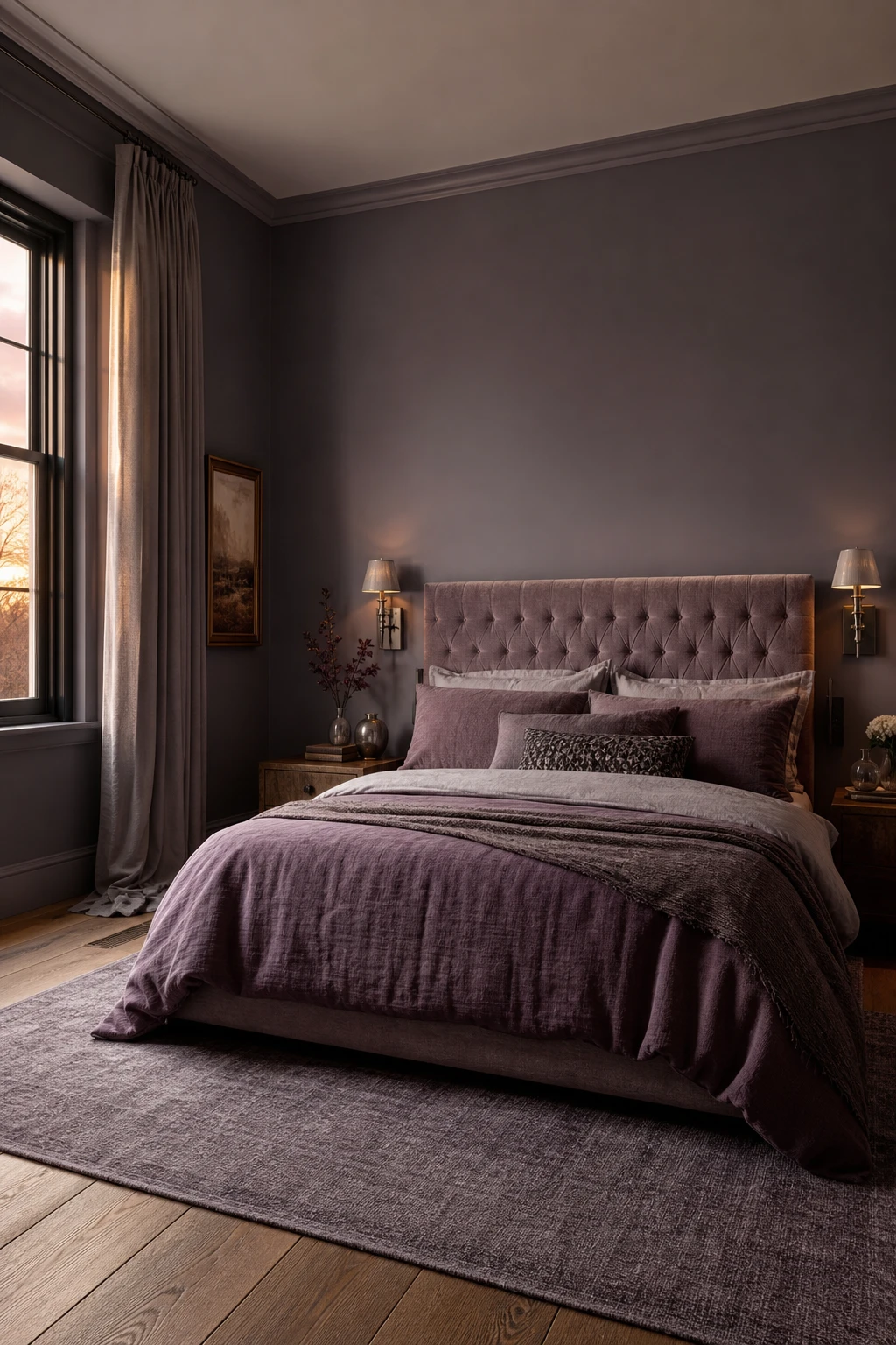 A sophisticated gray bedroom with dusty purple walls, layered bedding, linen curtains, and warm evening light creating an elegant muted color palette