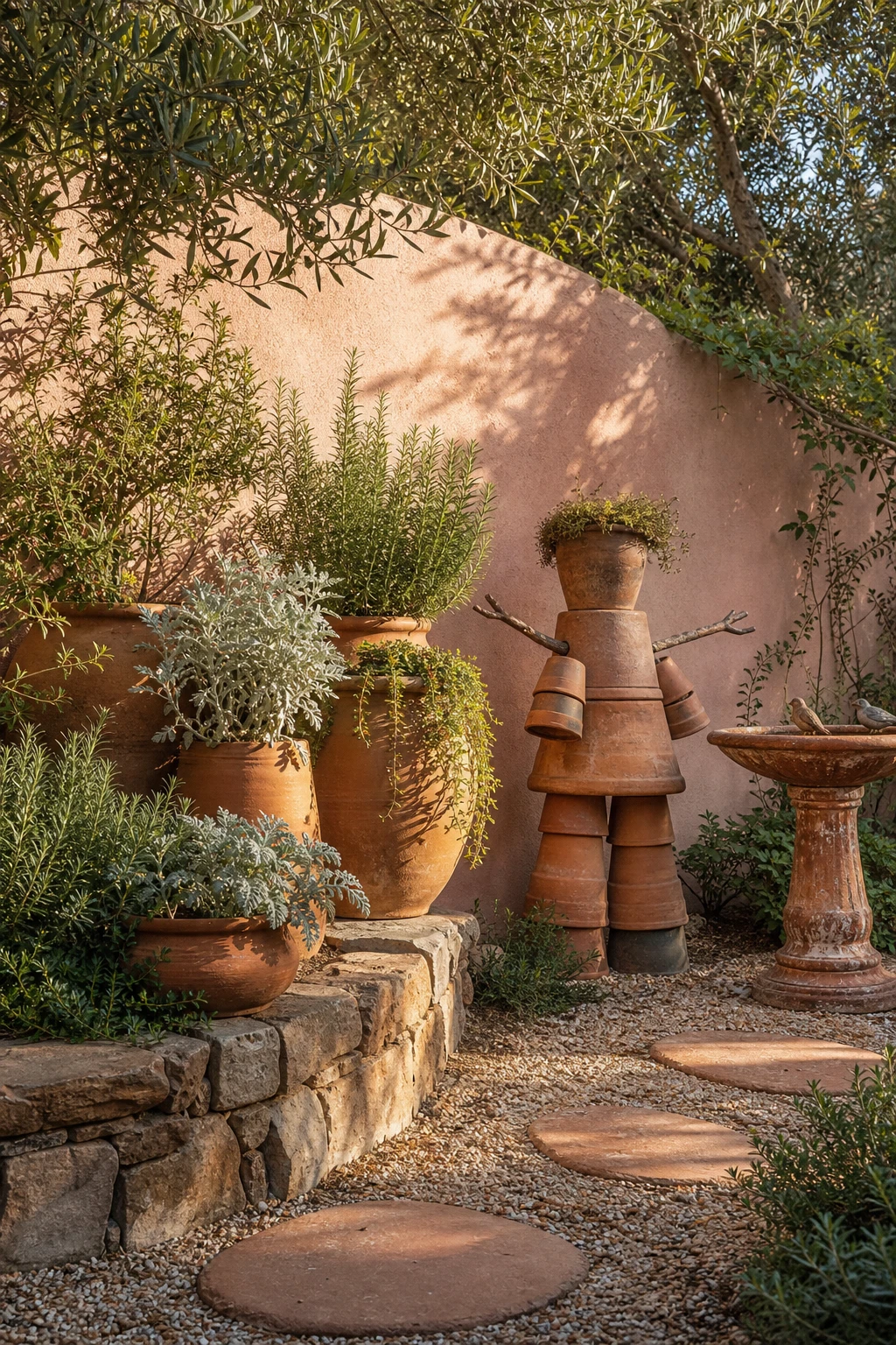 A terracotta pot person sculpture stands in a sunlit garden corner surrounded by stacked pots, trailing plants, and a Farrow and Ball Ointment Pink painted wall