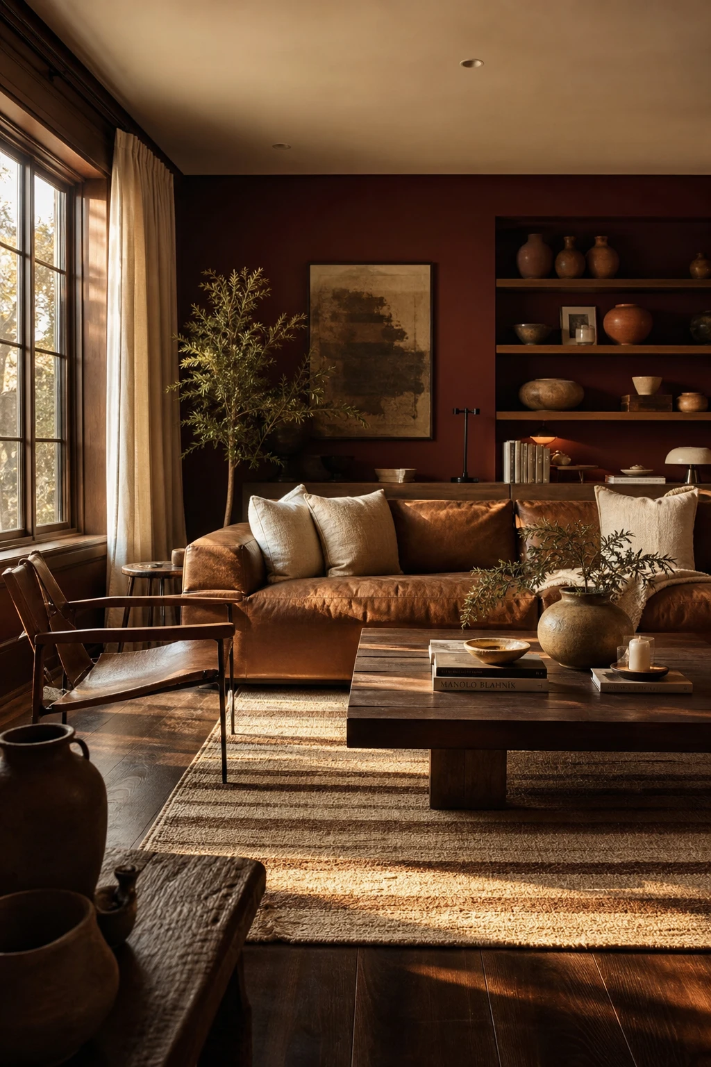 A warm brown and cream living room with layered tones from floor to ceiling, featuring deep caramel sofas, ivory textiles, and rich wood accents in natural afternoon light.