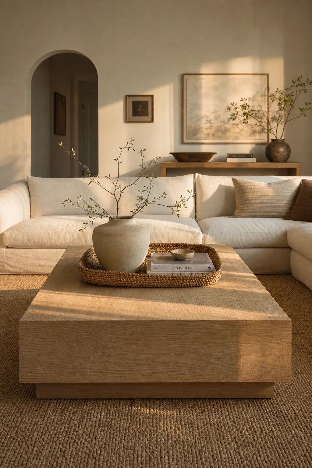A warm white oak living room centered on a white oak coffee table styled with linen, ceramic and rattan under soft afternoon light on Wall White painted walls
