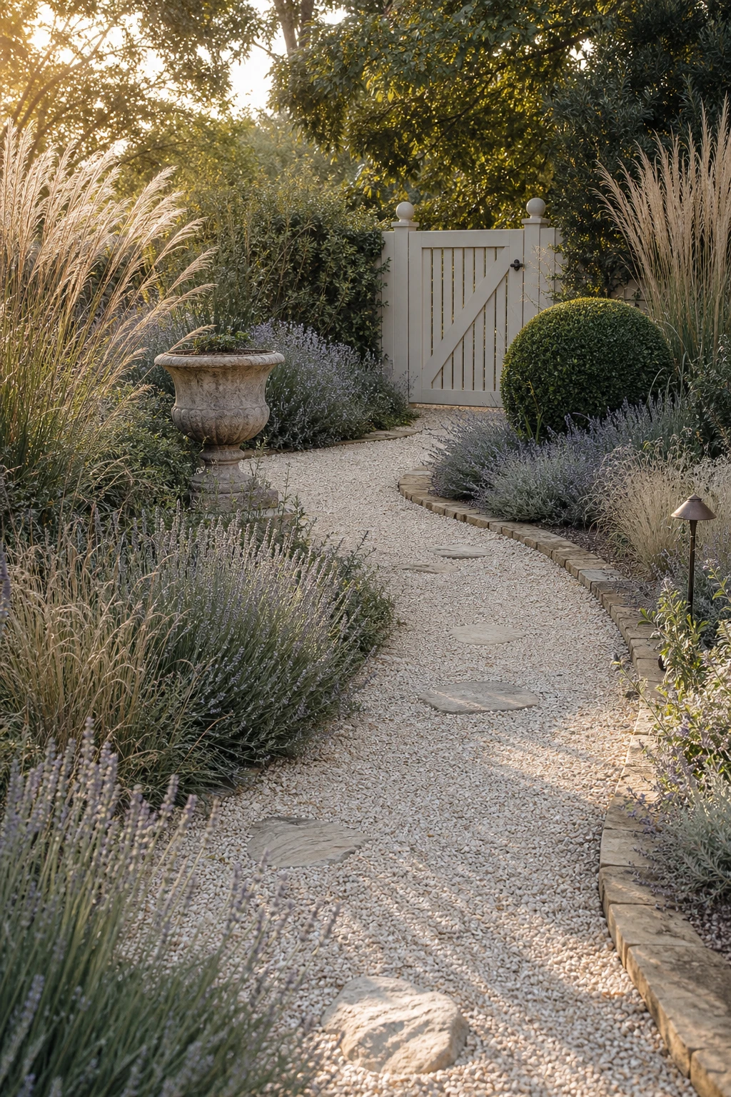 A winding gravel path through an elegant neutral garden with Farrow and Ball Chemise painted gate and soft planting borders in warm afternoon light