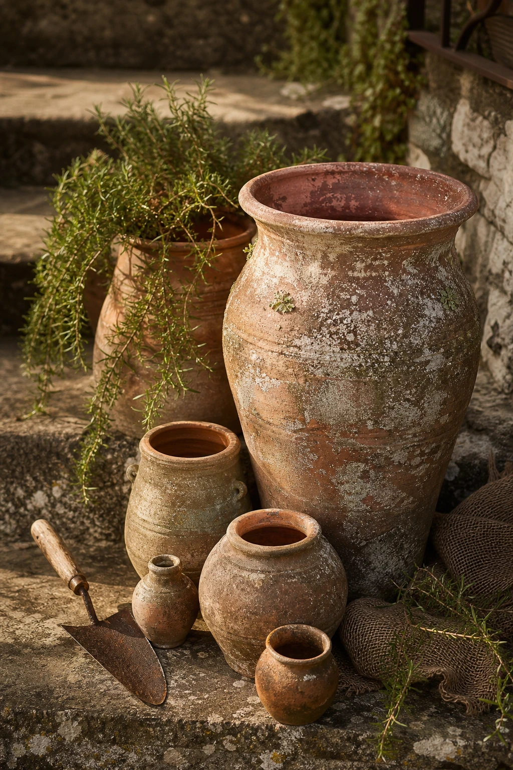 Aged terracotta garden pots with weathered finish displayed on stone steps, painted with Farrow & Ball Red Earth, surrounded by trailing herbs and moss