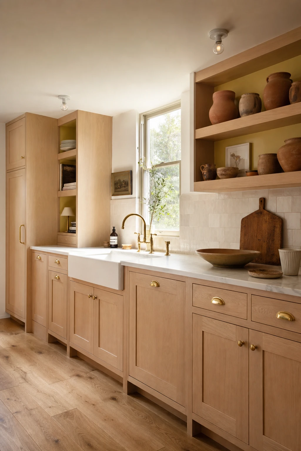 Airy light brown and gold kitchen with pale warm cabinetry, brass hardware, open shelving, marble countertops and soft natural light from a window above the sink